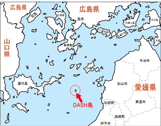 DASH島の場所と地図、愛媛県 由利島