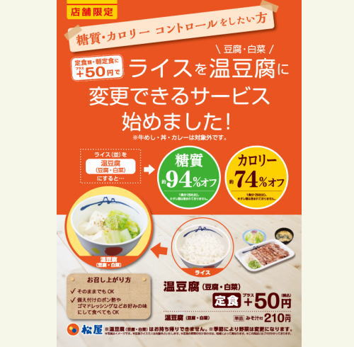 松屋、ライスを+50円で湯豆腐変更！糖質94パーセントカット