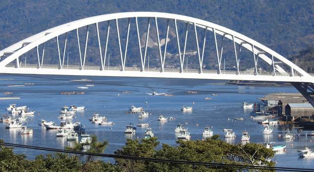 沖に浮かぶ漁船ズラリ！鹿児島・桜島を結ぶ牛根大橋と周辺の風景