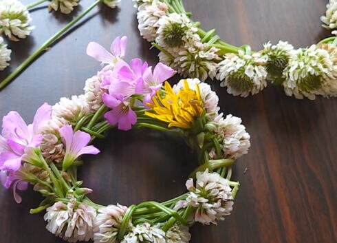 シロツメクサの花冠 草花を混ぜると華やかに